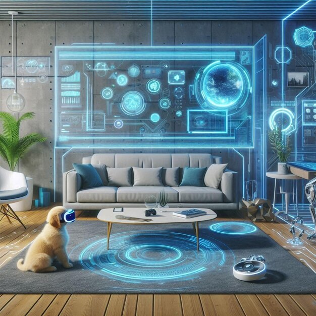 Photo a painting of a dog and a couch in a room with a blue light on the wall