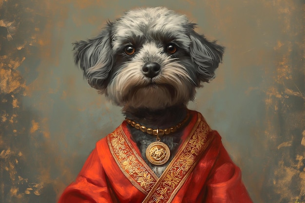 Photo painting of a dog dressed in a red robe with a gold medallion