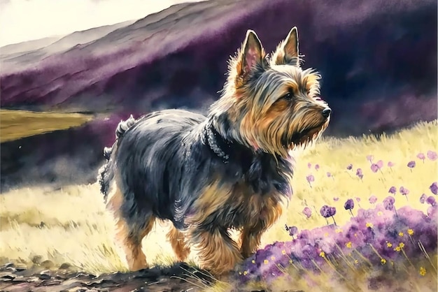 Painting of a dog in a field of flowers generative ai