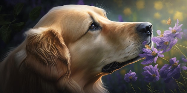 Painting of a dog is looking at flower in field generative ai