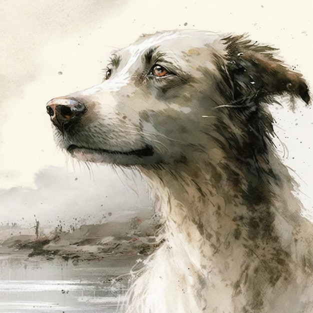 Painting of a dog looking out over a body of water generative ai