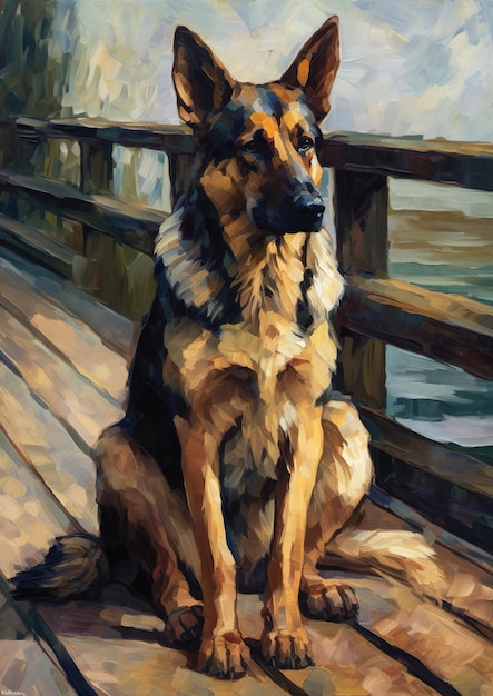 A painting of a dog sitting on a dock with the sun shining on it