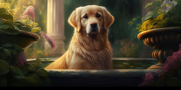 Painting of a dog sitting in fountain with flowers generative ai