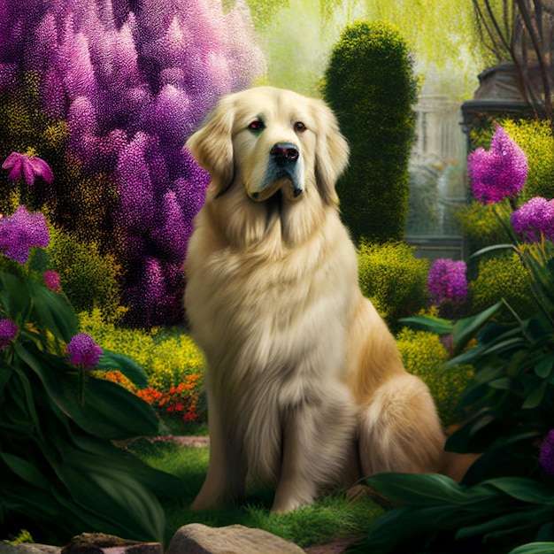 Painting of a dog sitting in garden with statue generative ai