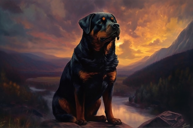 Painting of a dog sitting on a rock looking at the sky generative ai