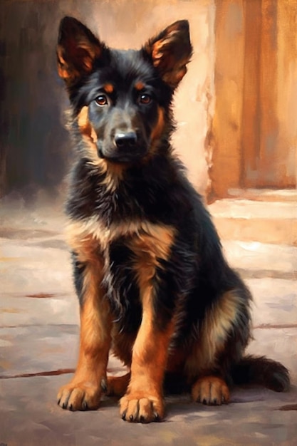 Painting of a dog sitting on a stone floor with a door in the background generative ai