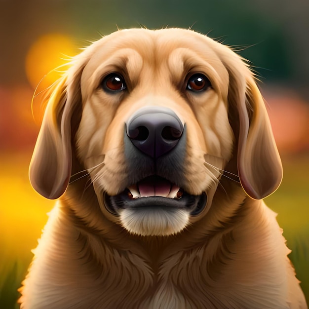 A painting of a dog that is looking at the camera.