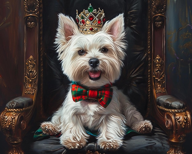 Painting of a dog wearing a crown sitting on a chair