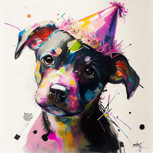 A painting of a dog wearing a party hat.