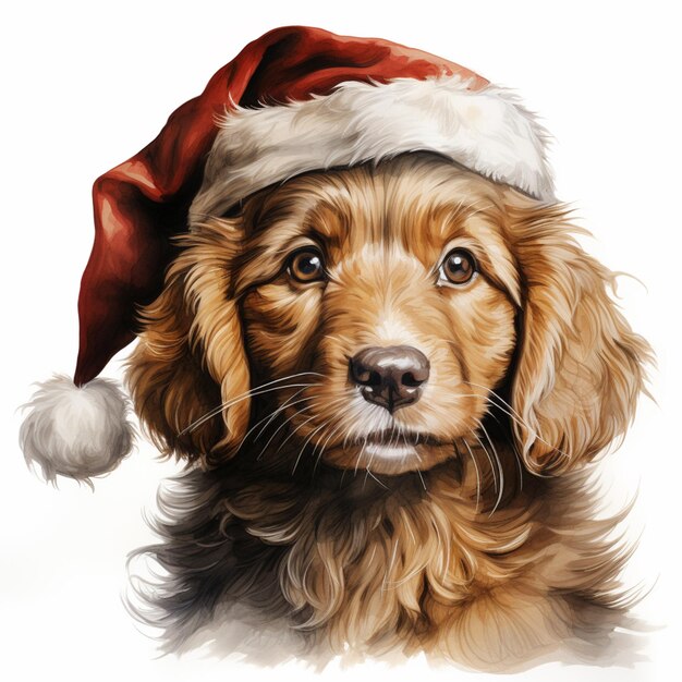 painting of a dog wearing a santa hat on a white background generative ai