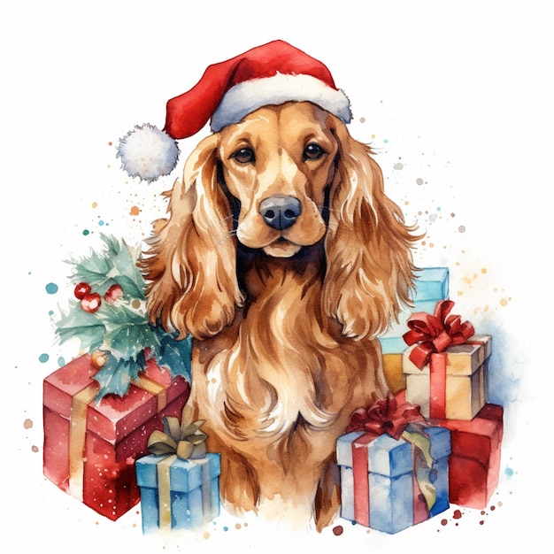 painting of a dog wearing a santa hat with presents generative ai