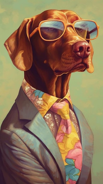 painting of a dog wearing sunglasses and a suit with a tie generative ai