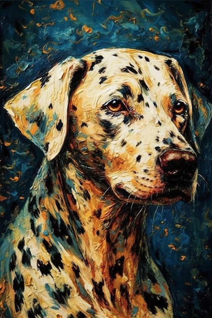 A painting of a dog with black spots and yellow spots.