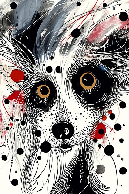 painting of a dog with a black and white face and red spots generative ai