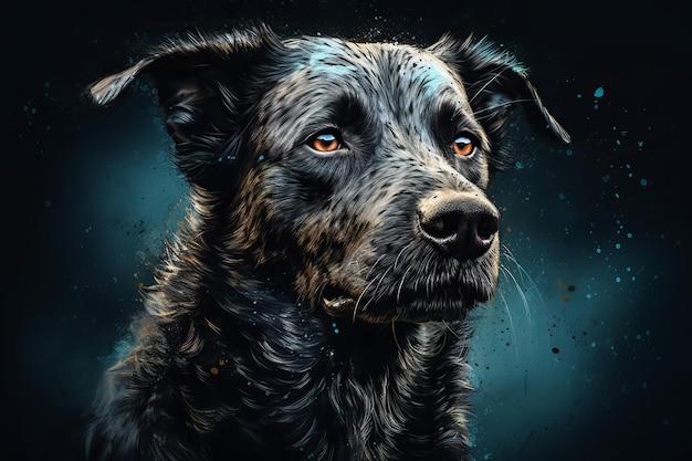 A painting of a dog with blue eyes and a black face.