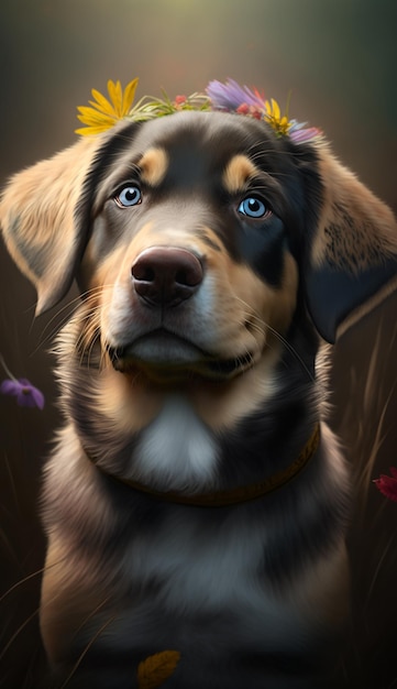 A painting of a dog with blue eyes and a black face.