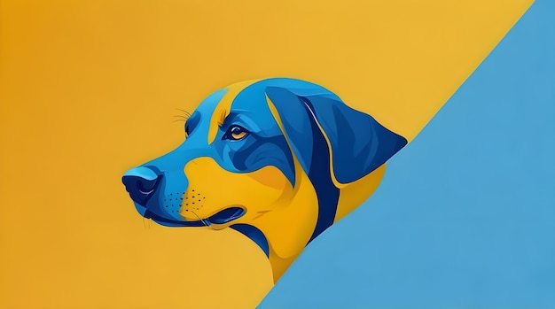 a painting of a dog with a blue face and yellow and blue stripes