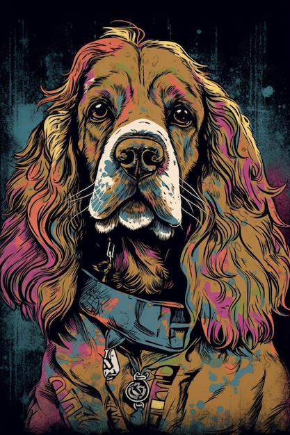 A painting of a dog with a collar that says'cocker spaniel'on it