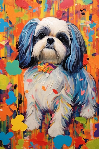 Painting of a dog with a colorful collar and bow tie generative ai