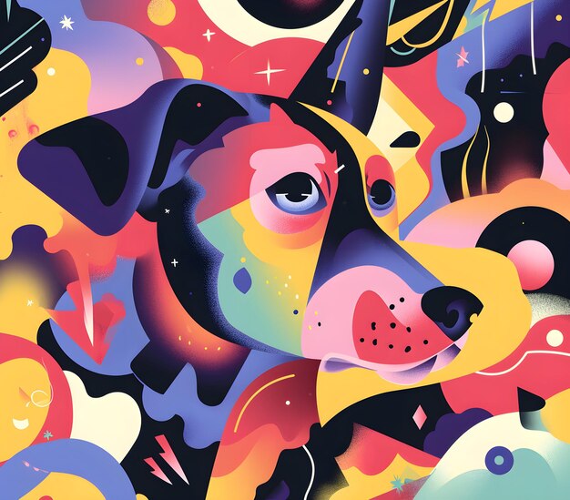 Photo a painting of a dog with a colorful hat and a rainbow of dots