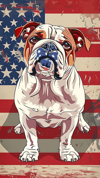 a painting of a dog with a flag in the background