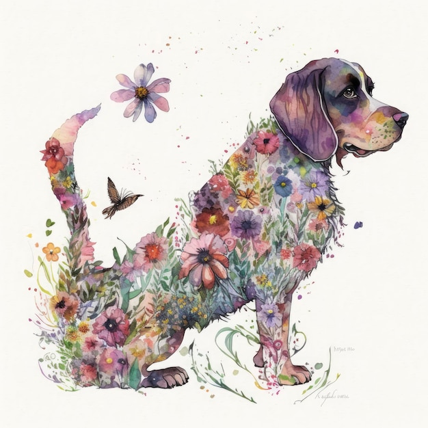 A painting of a dog with flowers and a bird on it