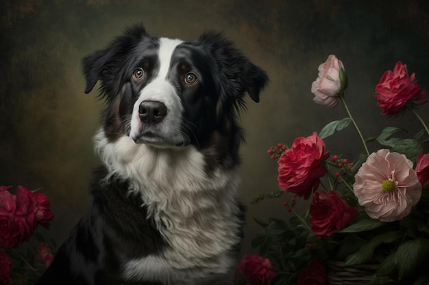 A painting of a dog with flowers