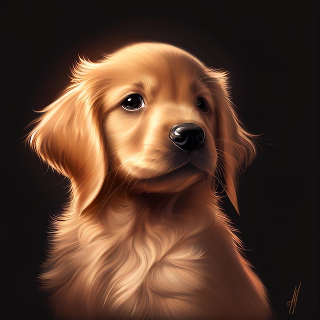 Painting of a dog with golden retrievers face and black background generative ai