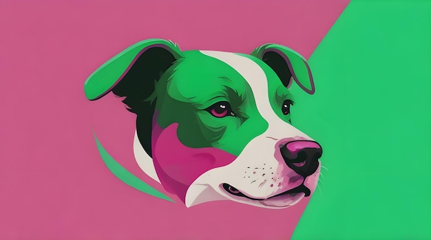 a painting of a dog with a green and pink background