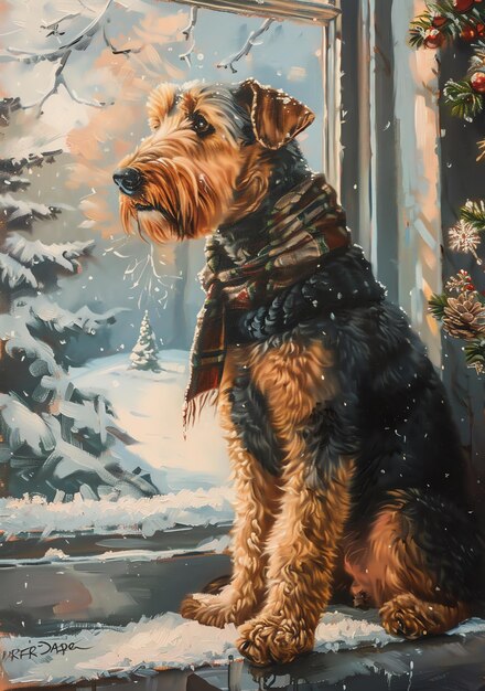 a painting of a dog with a scarf around its neck