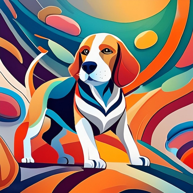 a painting of a dog with a white collar and a blue collar is in a colorful abstract background