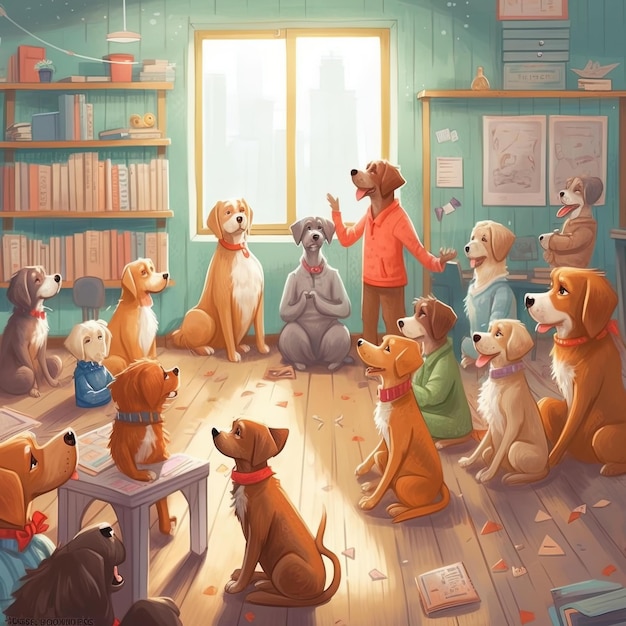 a painting of dogs and a person with a book on the bottom right