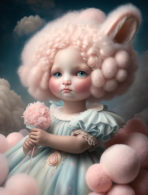 A painting of a doll with pink hair and a pink fluffy hat.