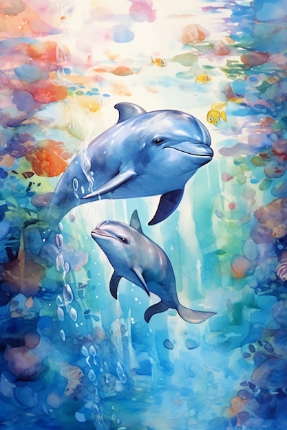 A painting of a dolphin and a baby dolphin