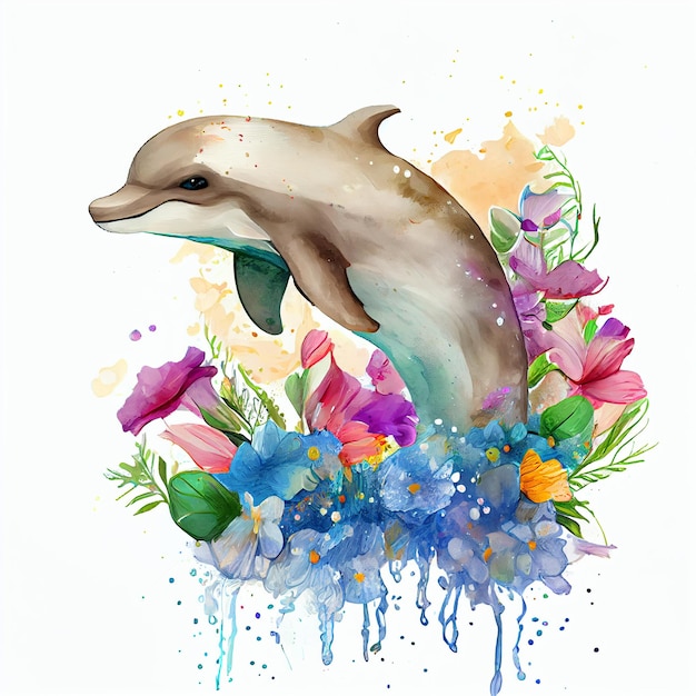 A painting of a dolphin jumping out of flowers