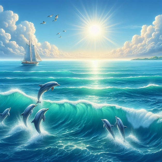 Photo a painting of dolphins swimming in the ocean with the sun shining behind them