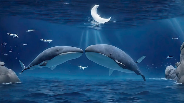 a painting of dolphins swimming in the ocean with a whale in the background