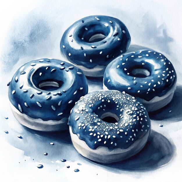 Photo a painting of donuts with blue frosting and white sprinkles