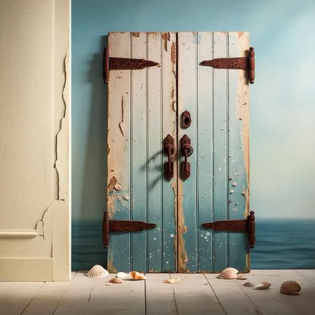 a painting of a door with a blue background with the ocean in the background