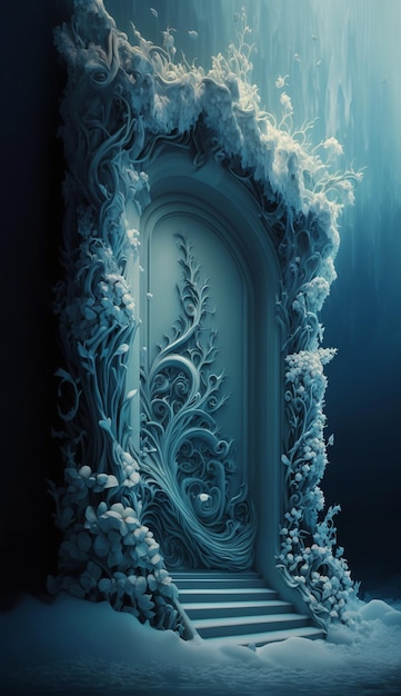 A painting of a door with a flower on it.