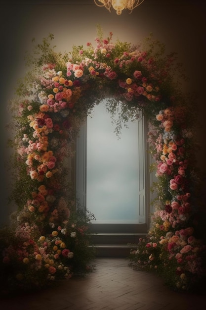 A painting of a door with a large flowered arch in the middle.