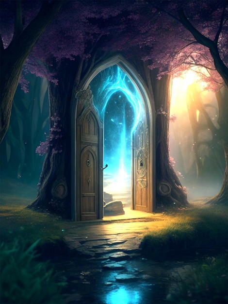 a painting of a door with a light shining through it