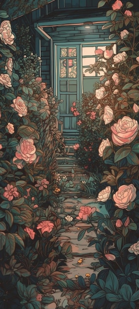 A painting of a door with roses on it