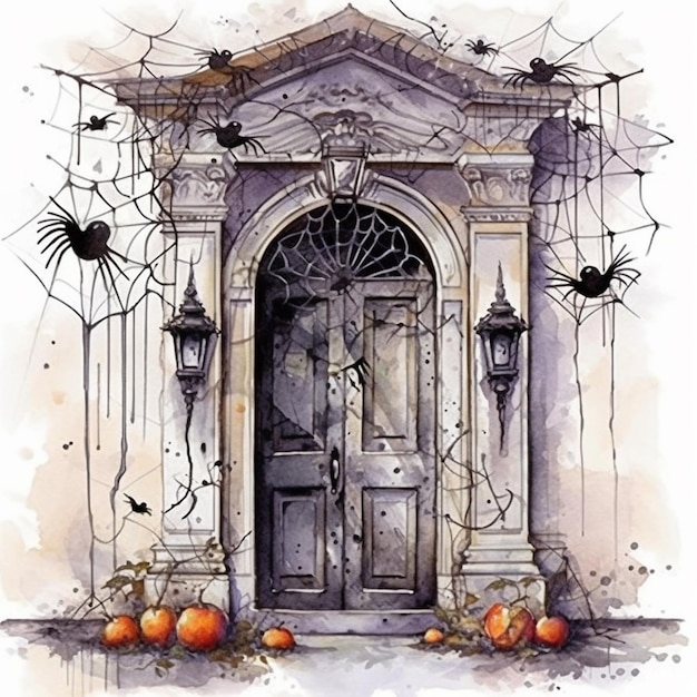 A painting of a door with a spider web and pumpkins generative ai