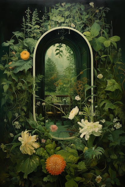 Photo a painting of a door with a window that says  garden