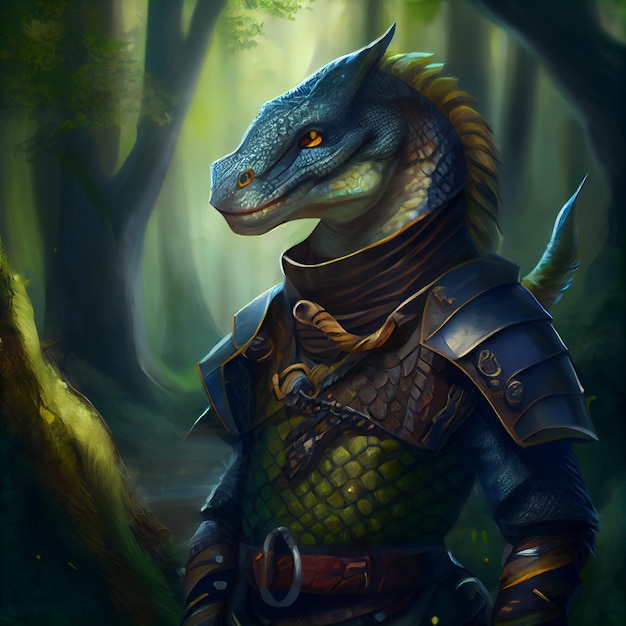 Painting of a dragon in armor in a forest generative ai