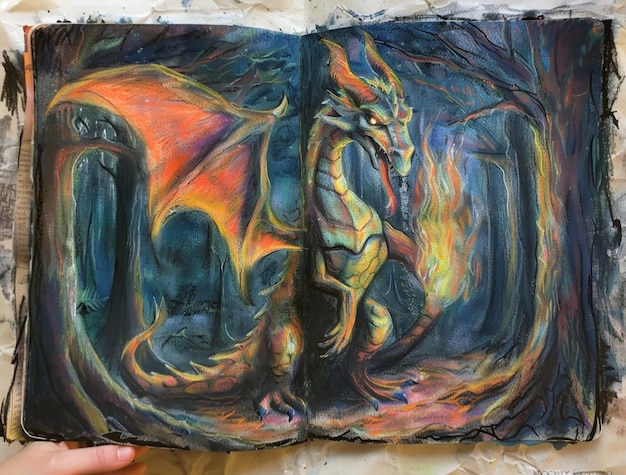 painting of a dragon in a book with a person holding it generative ai