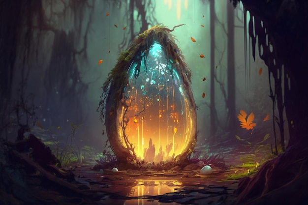 A painting of a dragon egg with a tree inside