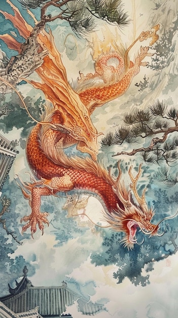 painting of a dragon flying through the air with a pine tree in the background generative ai