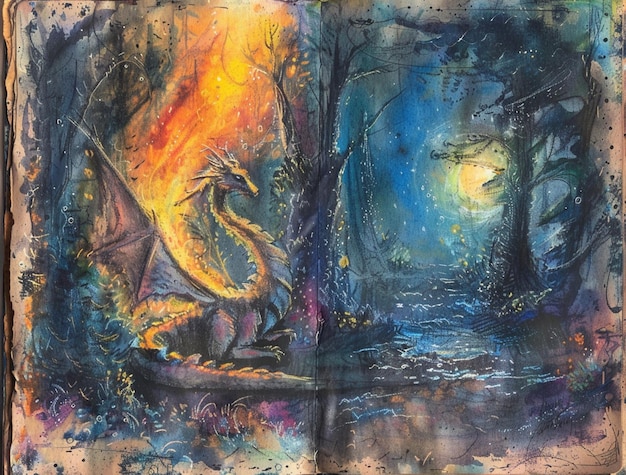 painting of a dragon in a forest with a river and a full moon generative ai